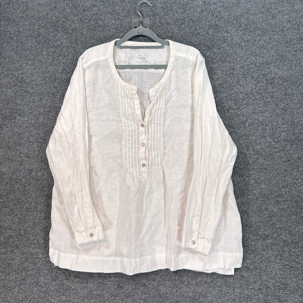 J.Jill Shirt Women Large White Pintuck Linen Henley Cottage Core Blouse Boho